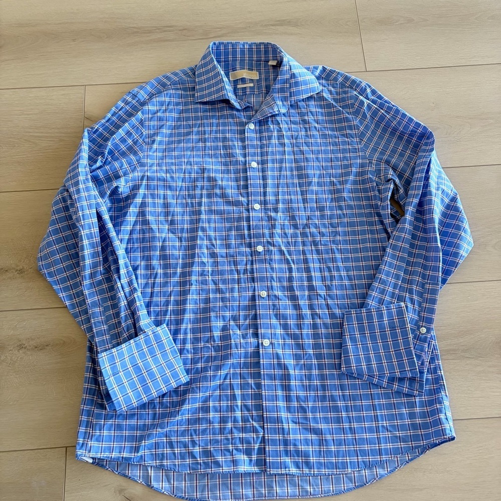 Michael Kors Blue Plaid  Button Down Non Iron Shirt 16 1/2 36/37 French Cuff Sle - Picture 2 of 7